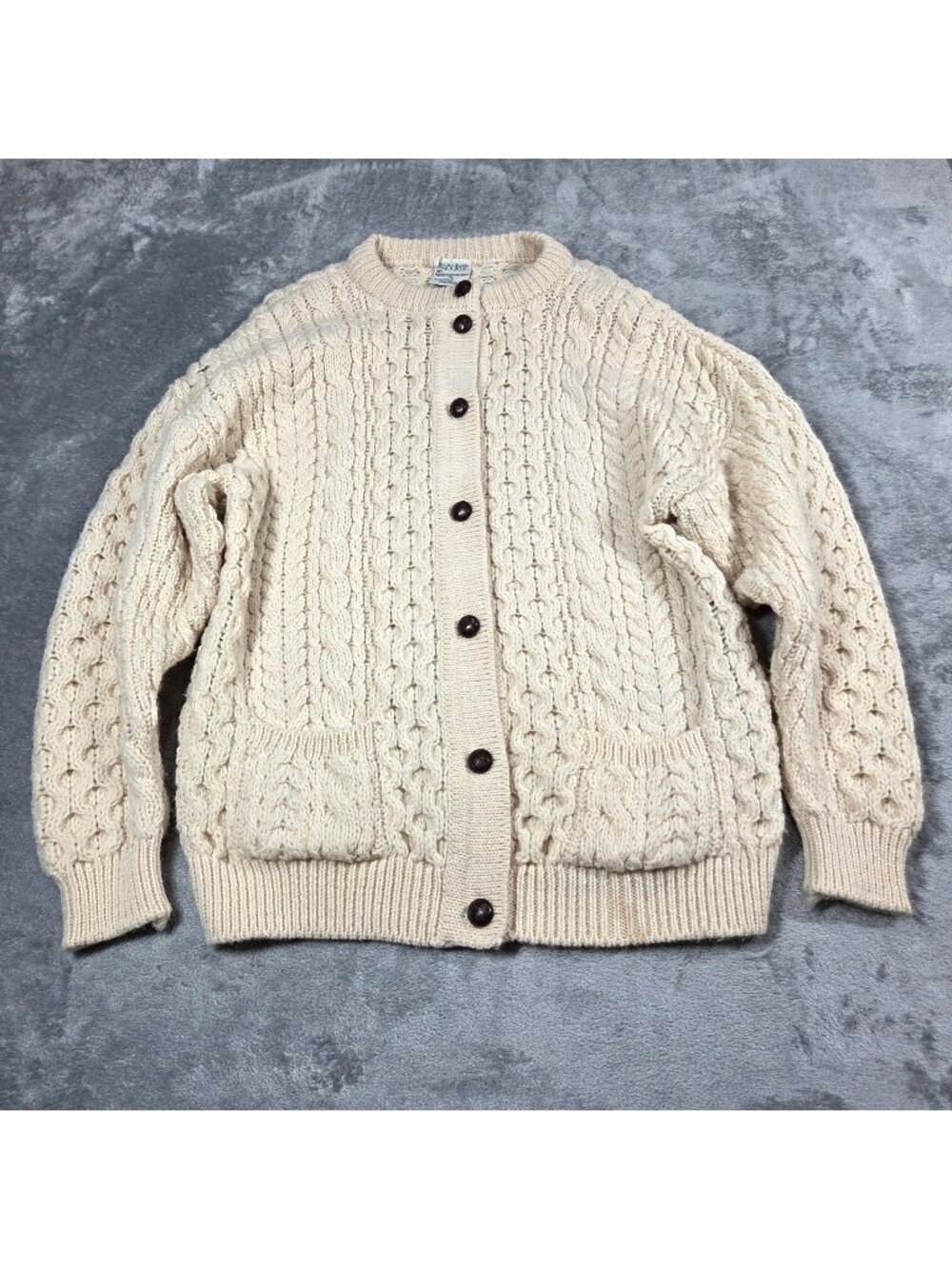 Vintage CladyKnit Cardigan Mens Medium Cream Irish Wool Cable Knit Fisherman